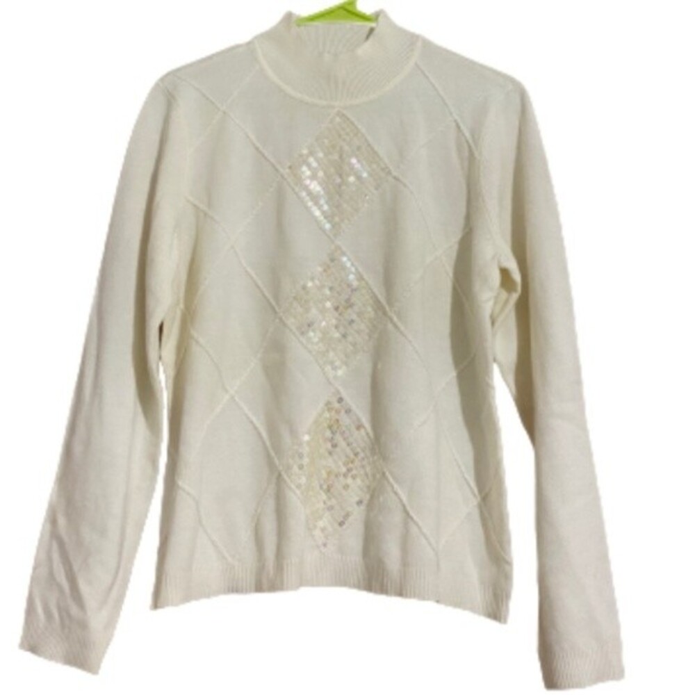 Jennifer Moore Women’s Diamond Sequin Detail Turtleneck Cream Sweater Size S-M